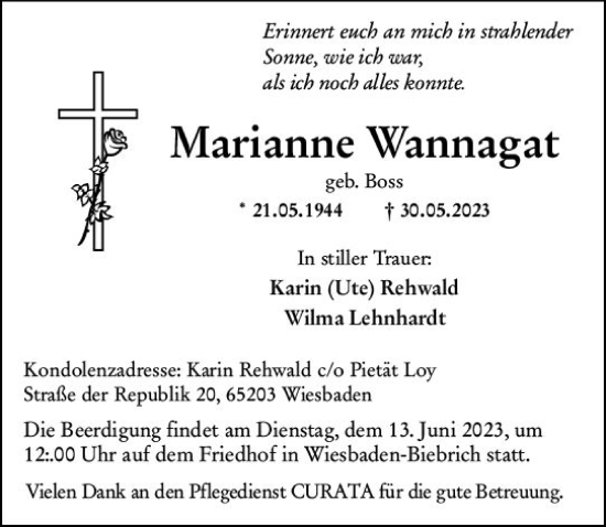 Traueranzeige von Marianne Wannagat von Wiesbadener Kurier
