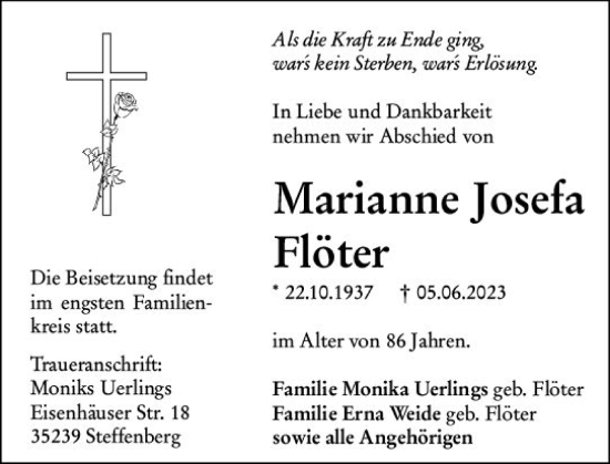 Traueranzeige von Marianne Josefa Flöter von Hinterländer Anzeiger
