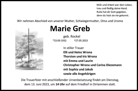 Traueranzeige von Marie Greb von VRM Trauer