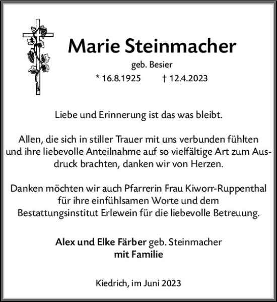 Traueranzeige von Marie Steinmacher von Rheingau Kurier