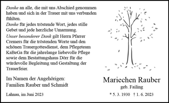Traueranzeige von Mariechen Rauber von Wetzlarer Neue Zeitung