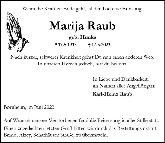 Traueranzeige von Marija Raub von Allgemeine Zeitung Alzey