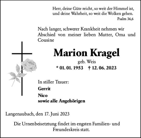 Traueranzeige von Marion Kragel von Dill Block
