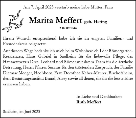 Traueranzeige von Marita Meffert von Allgemeine Zeitung Alzey