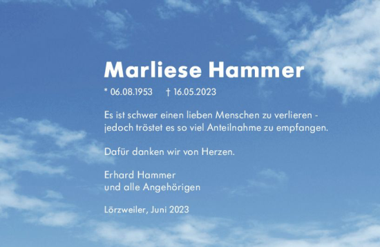 Traueranzeige von Marliese Hammer von Allgemeine Zeitung Mainz