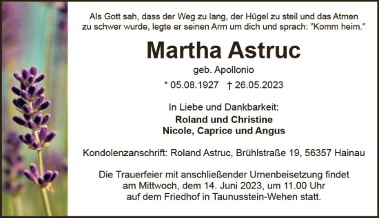 Traueranzeige von Martha Astruc von Wiesbadener Kurier