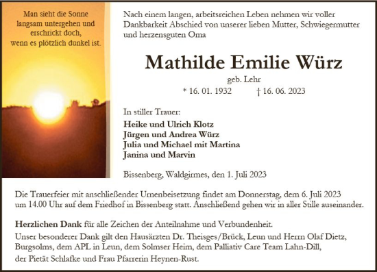 Traueranzeige von Mathilde Emilie Würz von Wetzlarer Neue Zeitung