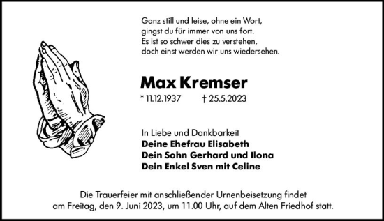 Traueranzeige von Max Kremser von Hochheimer Zeitung