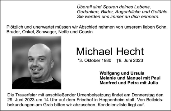 Traueranzeige von Michael Hecht von Starkenburger Echo