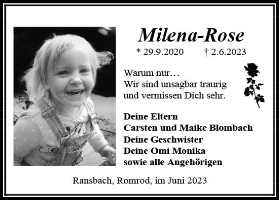 Traueranzeige von Milena-Rose  von VRM Trauer