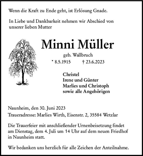 Traueranzeige von Minni Müller von Wetzlarer Neue Zeitung