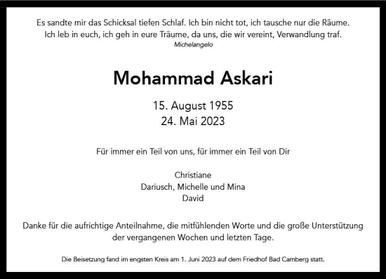 Traueranzeige von Mohammad Askari von Camberger Anzeiger
