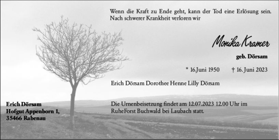 Traueranzeige von Monika Kramer von Darmstädter Echo