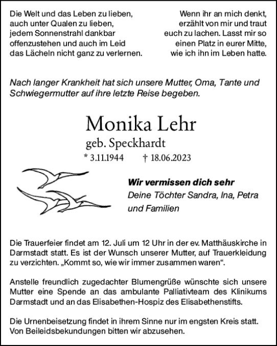 Traueranzeige von Monika Lehr von Darmstädter Echo
