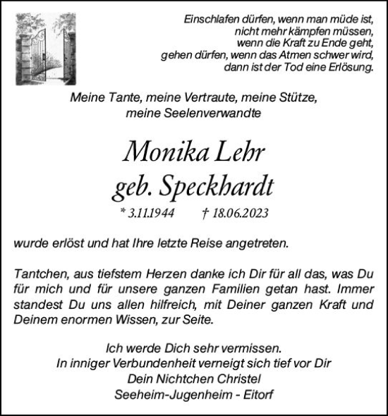 Traueranzeige von Monika Lehr von Darmstädter Echo