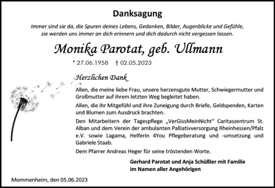 Traueranzeige von Monika Parotat von Allgemeine Zeitung Mainz