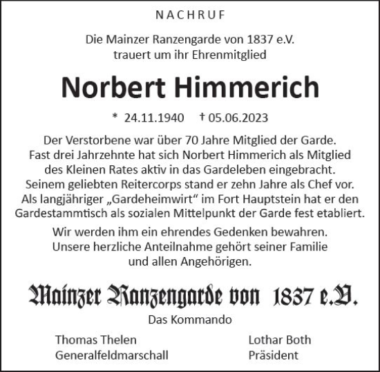 Traueranzeige von Norbert Himmerich von Allgemeine Zeitung Mainz