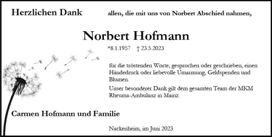 Traueranzeige von Norbert Hofmann von Allgemeine Zeitung Mainz
