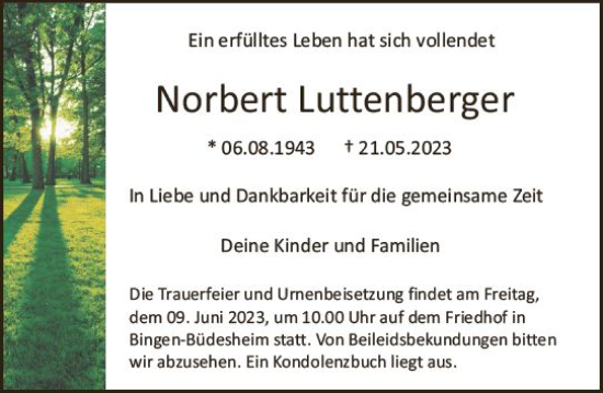Traueranzeige von Norbert Luttenberger von Bingen/Ingelheim WOBL inkl. Neue Binger Ztg.