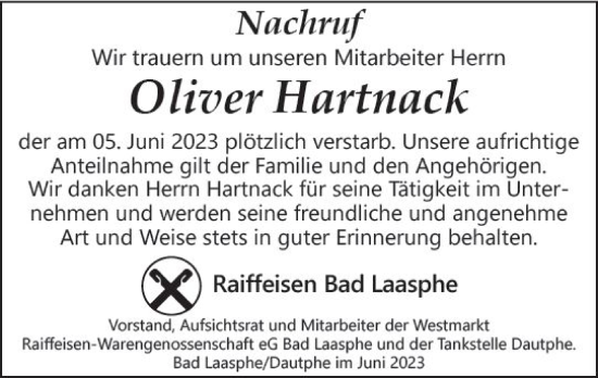 Traueranzeige von Oliver Hartnack von Hinterländer Anzeiger