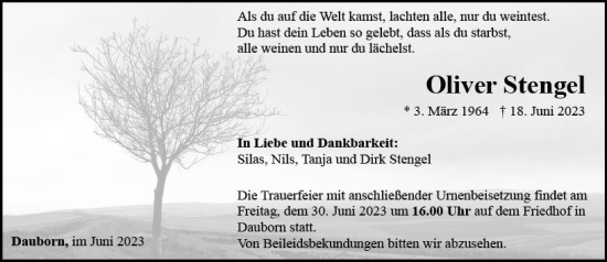 Traueranzeige von Oliver Stengel von Camberger Anzeiger
