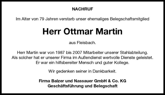 Traueranzeige von Ottmar Martin von Dill Block