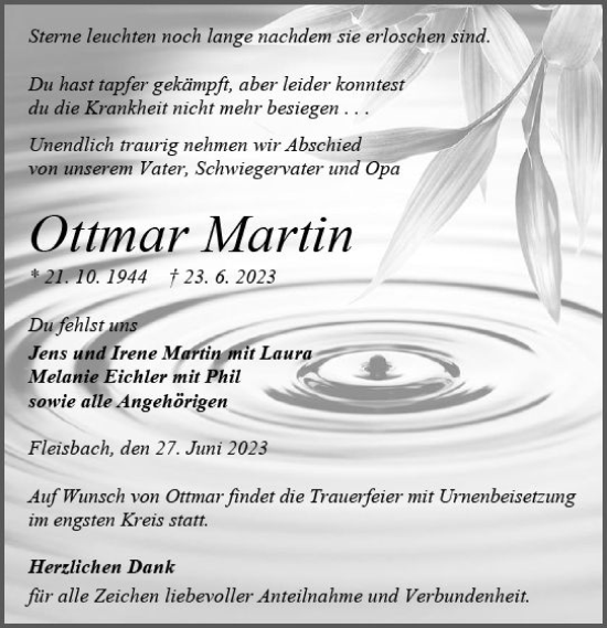 Traueranzeige von Ottmar Martin von Dill Block