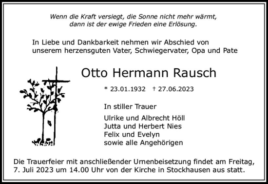 Traueranzeige von Otto Hermann Rausch von VRM Trauer