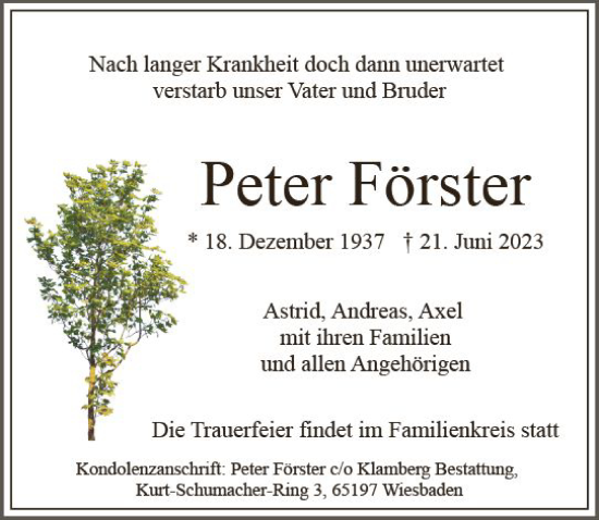 Traueranzeige von Peter Förster von Wiesbadener Kurier