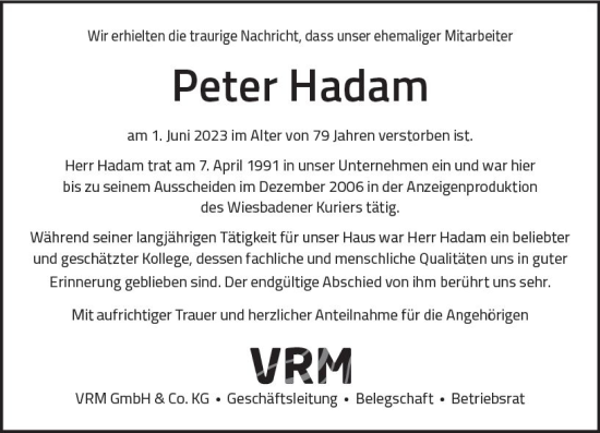 Traueranzeige von Peter Hadam von Wiesbadener Kurier