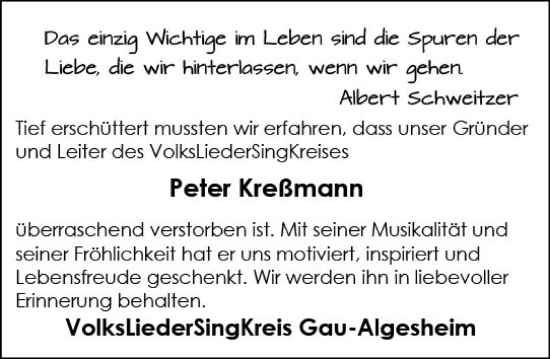 Traueranzeige von Peter Kreßrnann von Allgemeine Zeitung Bingen/Ingelheim