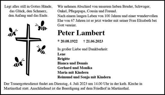 Traueranzeige von Peter Lambert von Wiesbadener Kurier