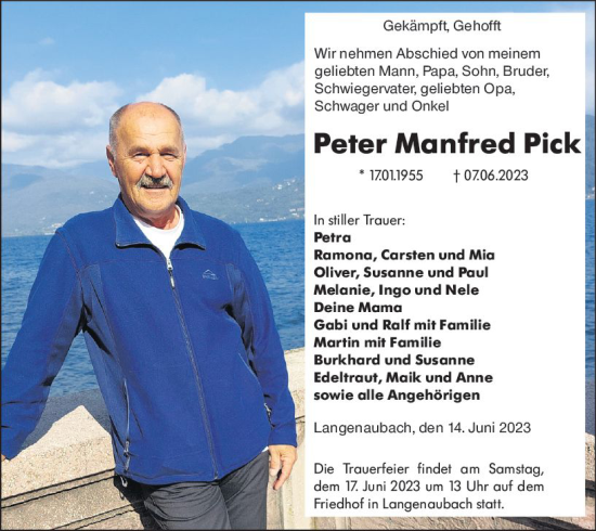 Traueranzeige von Peter Manfred Pick von Dill Block