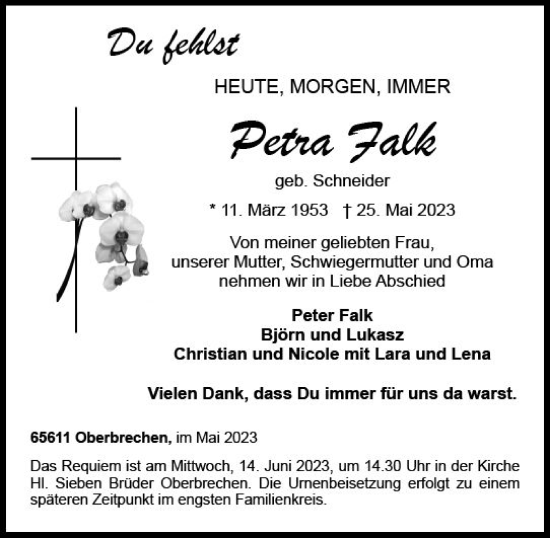 Traueranzeige von Petra Falk von Camberger Anzeiger