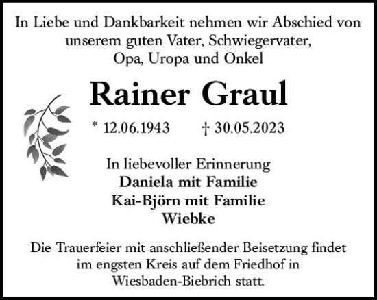 Traueranzeige von Rainer Graul von Wiesbadener Kurier