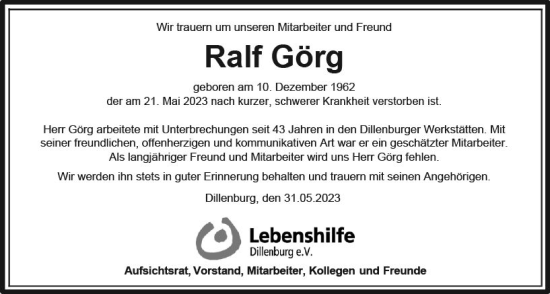 Traueranzeige von Ralf Görg von Dill Block