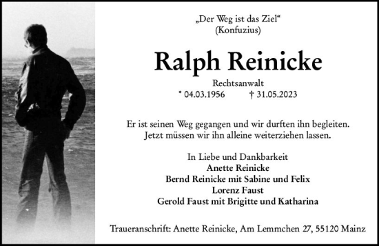 Traueranzeige von Ralph Reinicke von Allgemeine Zeitung Mainz