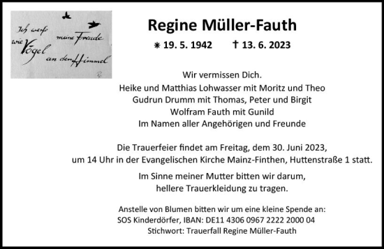 Traueranzeige von Regine Müller-Fauth von Allgemeine Zeitung Mainz