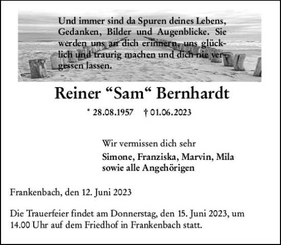 Traueranzeige von Reiner Bernhardt von Wetzlarer Neue Zeitung