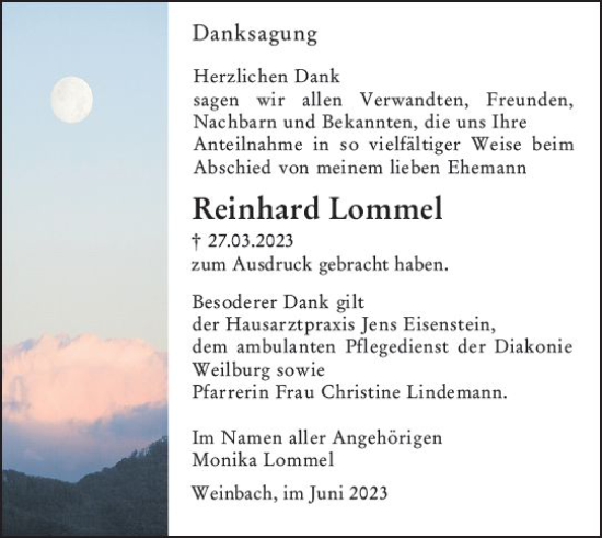 Traueranzeige von Reinhard Lommel von Weilburger Tageblatt