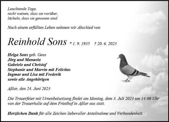 Traueranzeige von Reinhold Sons von Dill Block