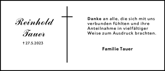 Traueranzeige von Reinhold Tauer von Hochheimer Zeitung