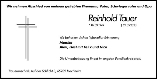 Traueranzeige von Reinhold Tauer von Hochheimer Zeitung