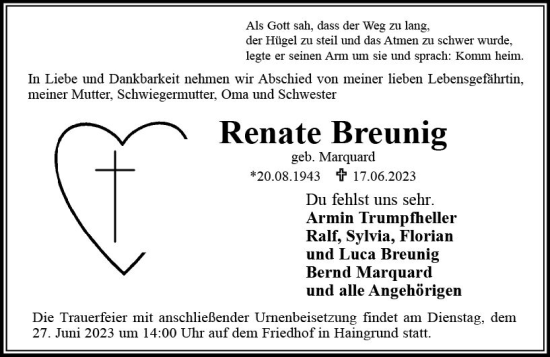 Traueranzeige von Renate Breunig von Odenwälder Echo