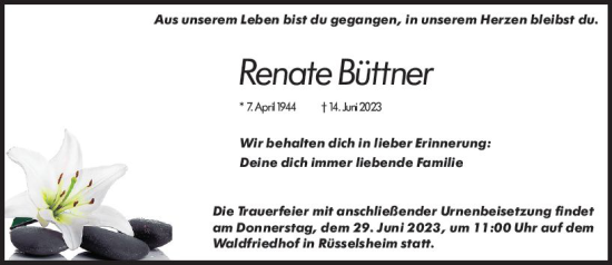 Traueranzeige von Renate Büttner von Rüsselsheimer Echo