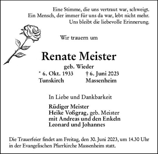 Traueranzeige von Renate Meister von Wiesbadener Kurier