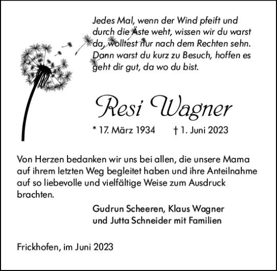 Traueranzeige von Resi Wagner von Nassauische Neue Presse