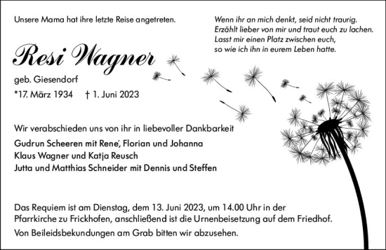 Traueranzeige von Resi Wagner von Nassauische Neue Presse