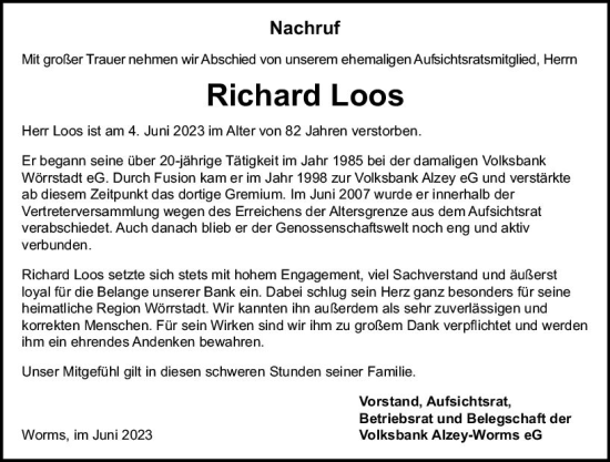 Traueranzeige von Richard Loos von Allgemeine Zeitung Alzey