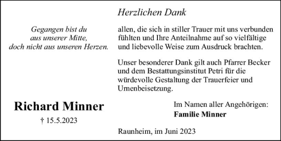 Traueranzeige von Richard Minner von Rüsselsheimer Echo